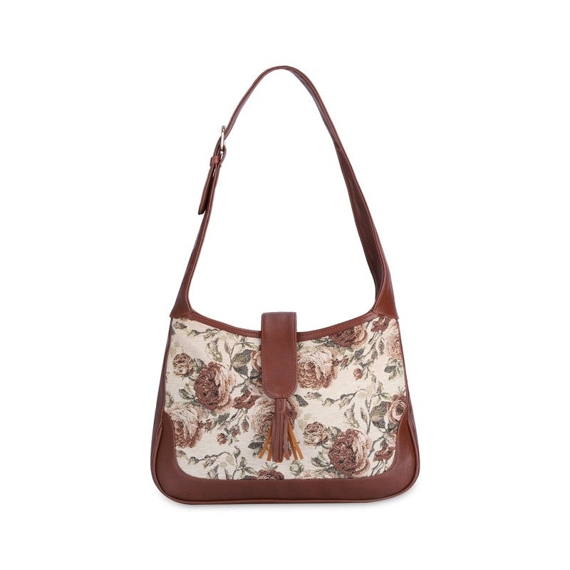THE CLOWNFISH Samantha Tapestry & Faux Leather Handbag for Women Office Bag Ladies Shoulder Bag Tote For Women College Girls (Brown-Floral)
