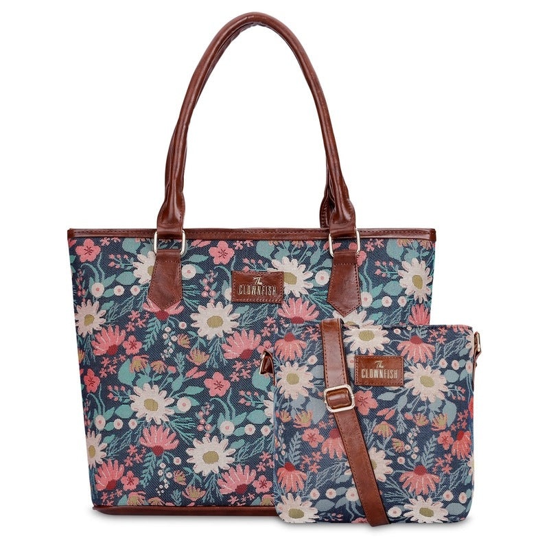 Combo: Linda Sling & Justina Handbag - Durable Tapestry & Leather | Adjustable Strap | Purple-Floral
