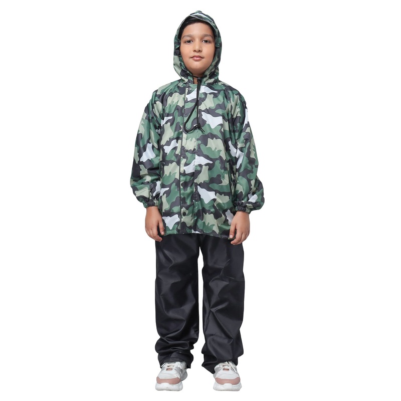 Kids Raincoat - Waterproof, Reversible, Adjustable Hood | Includes Storage Bag | Age 14-16 | Green Camo