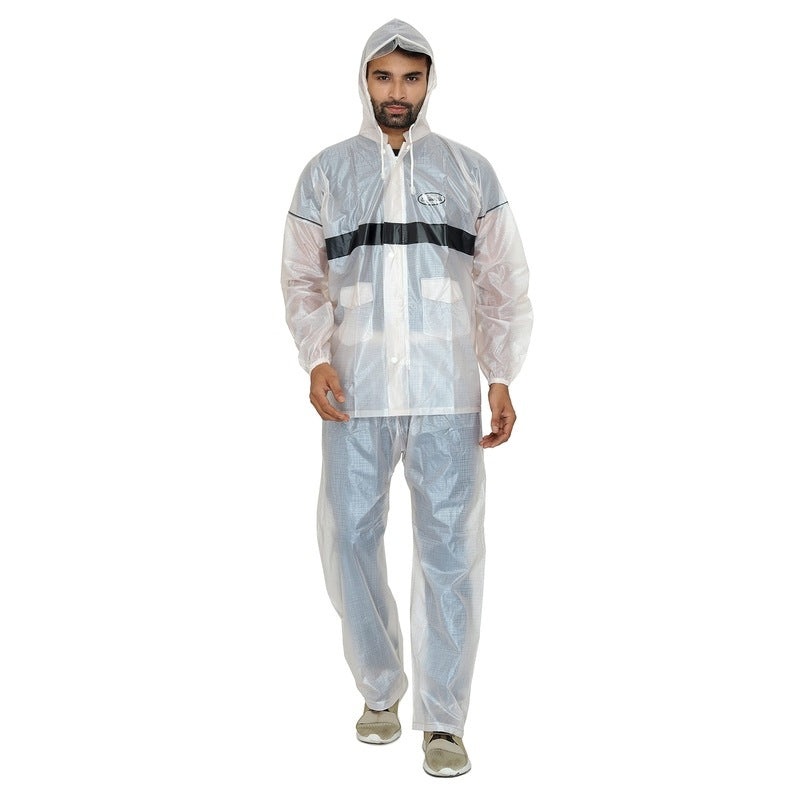 Men Rain Coat with Waterproof Hood & Snap Button Flaps | Set of Top and Bottom | 2XL | Casper Cream