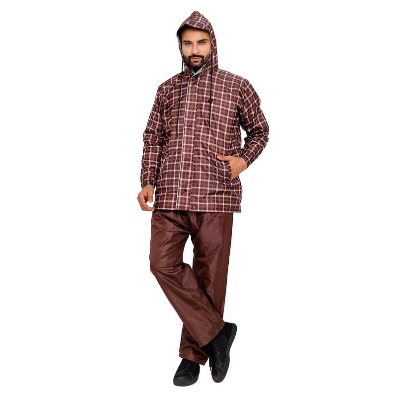 Men's Reversible Raincoat - Waterproof, Reflective Logo | Hood & Pockets | Large | Royal Brown