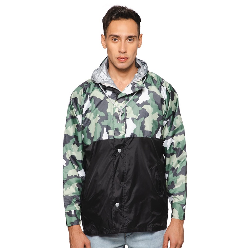 Men's Waterproof Reversible Rain Jacket with Hood & Reflector Logo | Storage Pouch Included | X-Large | Black