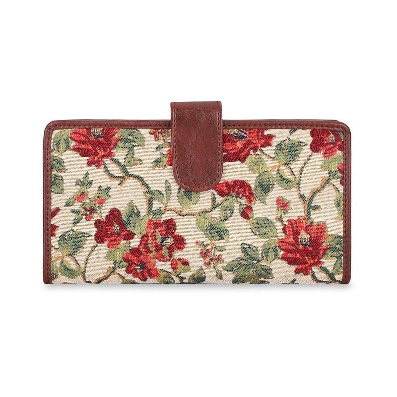 Passport Wallet - Lightweight Tapestry Fabric & Faux Leather | Snap Button Closure | Off White Floral