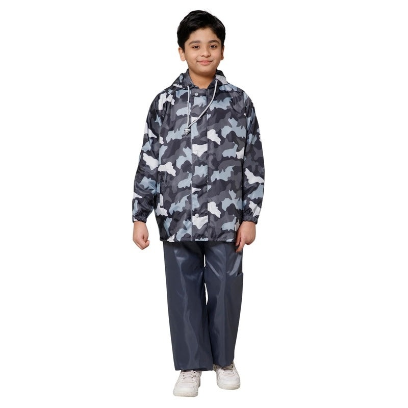Reversible Kids Raincoat - Waterproof, Comfortable | Includes Printed Pouch | Age 8-10 years | Grey Camo