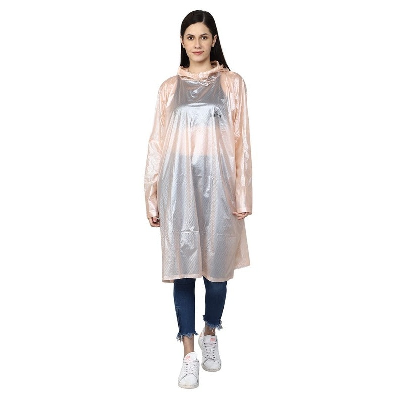 THE CLOWNFISH Avalon Series Womens Waterproof PVC Transparent Self Design Pullover Longcoat/Raincoat with Adjustable Hood (Peach, XX-Large)