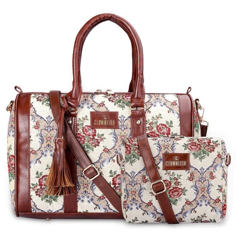 THE CLOWNFISH Combo Of Adelina Series Sling for Women Crossbody Bag for College Girls Lorna Tapestry Fabric & Faux Leather Handbag Sling Bag for Women (Dark Brown-Floral)