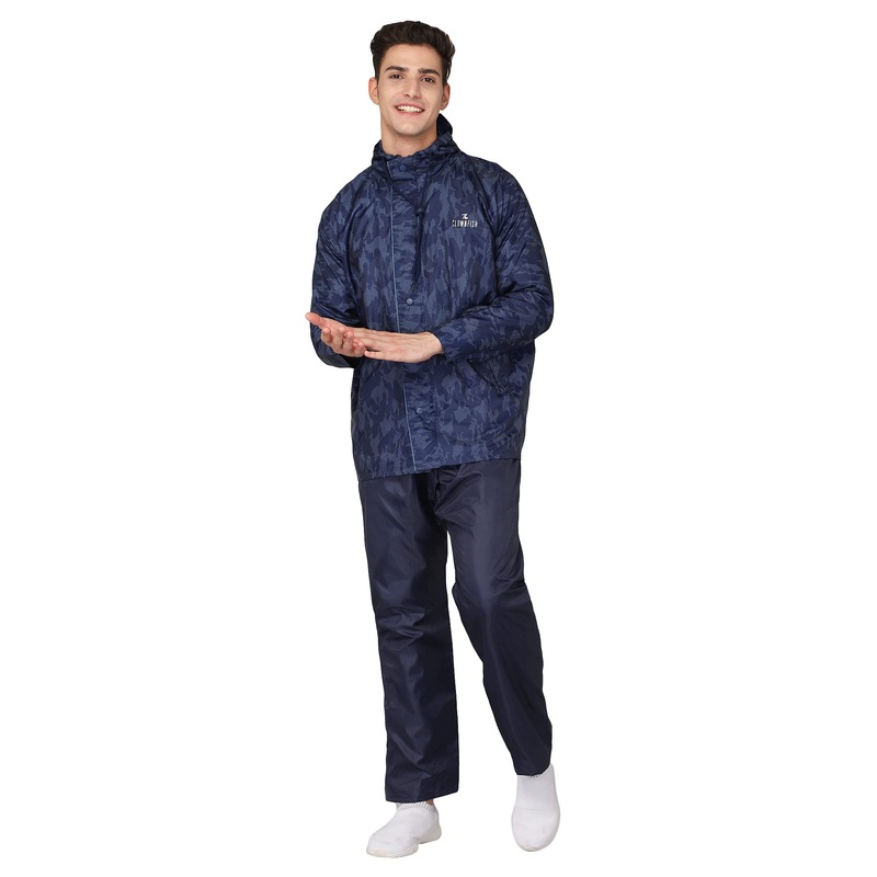 THE CLOWNFISH Francis Series Men's Waterproof Polyester Double Coating Reversible Raincoat with Hood and Reflector Logo at Back. Set of Top and Bottom. Printed Plastic Pouch with Rope (Blue, Large)