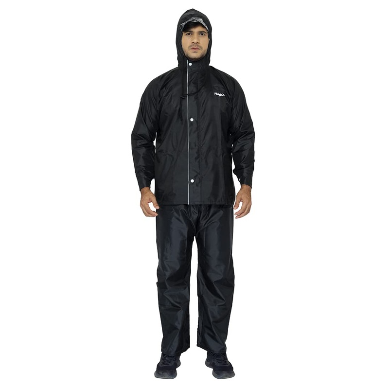 THE CLOWNFISH Polyester Standard Length Rain Coat Waterproof For Bike Reversible Double Layer With Hood Raincoat For Men. Set Of Top And Bottom Packed In A Storage Bag Magic Series(Black,X-Large)