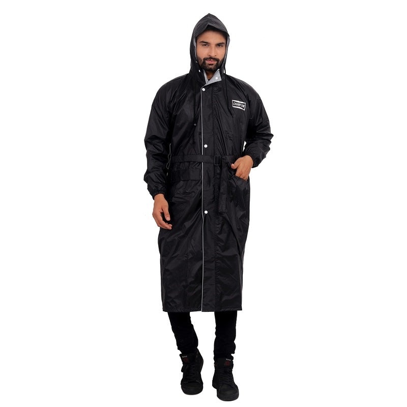 THE CLOWNFISH Rain Coat for Men Waterproof Raincoat Nylon Reversible Double Layer Longcoat For Men Bike Rain Suit Rain Jacket Suit Inner Mobile Pocket with Storage Bag (Dark Grey Free Size)