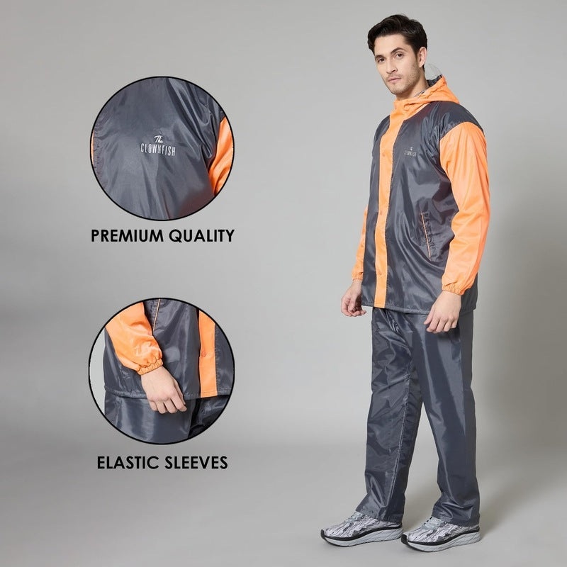 THE CLOWNFISH Raincoats for Men Waterproof Reversible for Bike Double Layer with Hood Rain Coat for Men. Set of Top and Bottom. Color Block Series (Black/Neon, L)