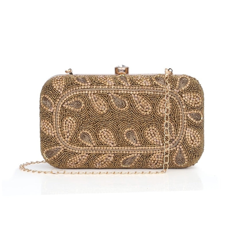 Evening Clutch with Floral Bead Work | Detachable Chain Strap | 21x4x12 cm | Golden