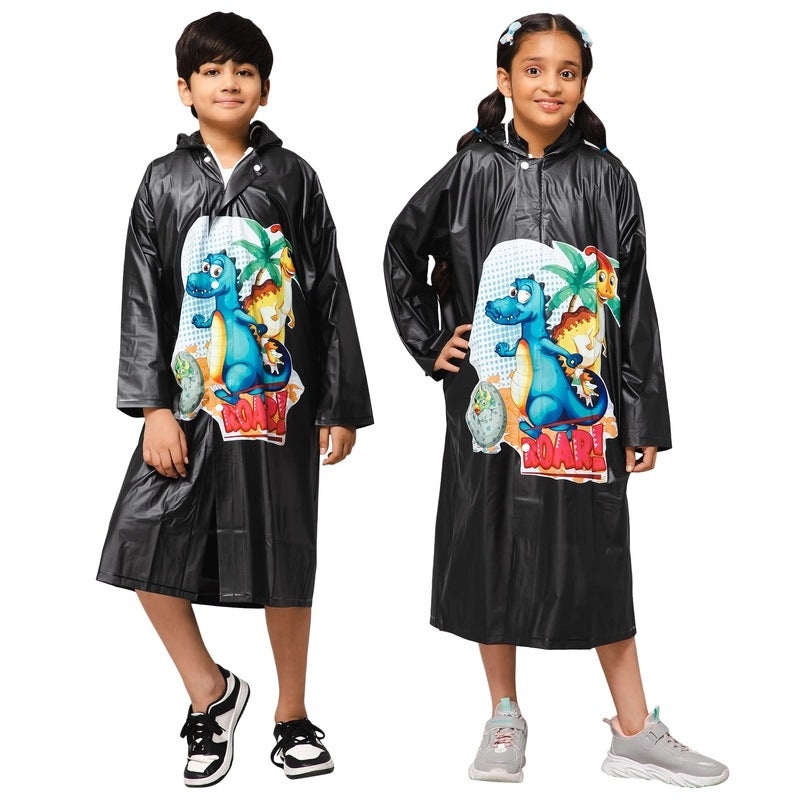 Kids Waterproof PVC Longcoat with Adjustable Hood | Extra Space for Backpack | Size: 6-7 Years | Black