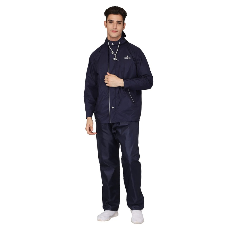 The Clownfish Arthur Series Mens Waterproof Polyester Double Coating Reversible Raincoat with Hood and Reflector Logo at Back. Set of Top and Bottom. Printed Plastic Pouch with Rope (Blue, XXX-Large)