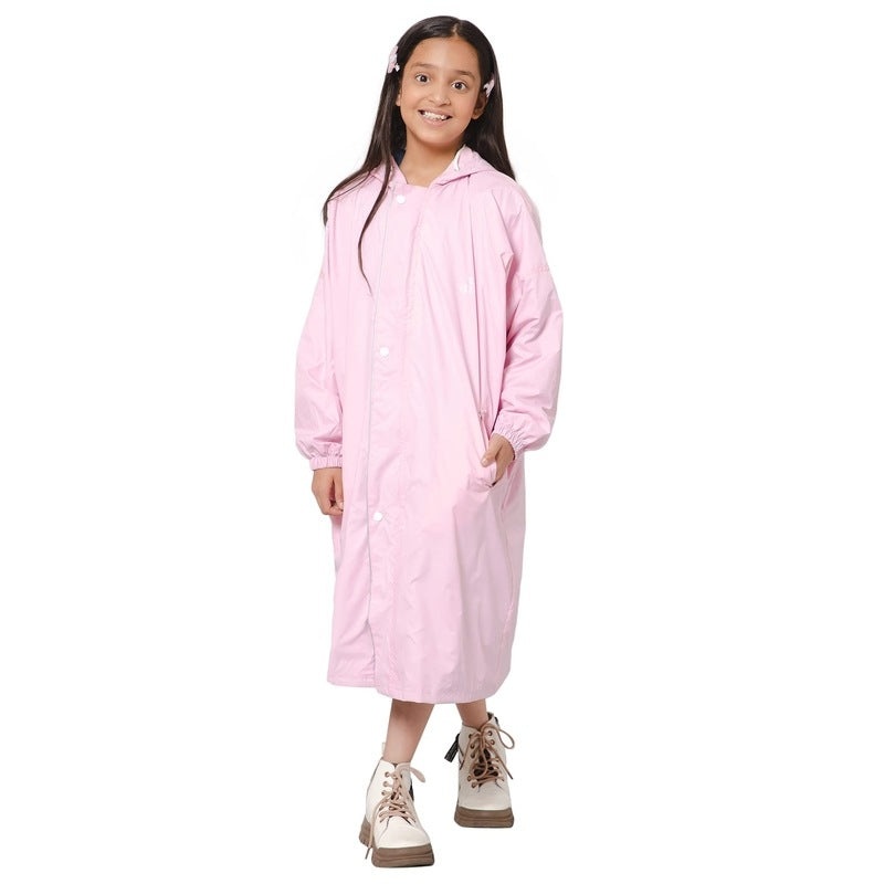 THE CLOWNFISH Cloud Chaser Series Kids Raincoat Waterproof Polyester Double Coating Reversible Longcoat with Hood and Reflector Logo at Back. Printed Plastic Pouch. Kid Age-9-10 years (Blush Pink)