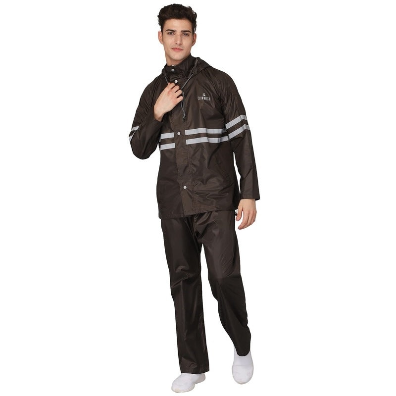 THE CLOWNFISH Darius Series Men's Waterproof Polyester Raincoat with Hood and Reflector Logo at Back for Night Travelling. Set of Top and Bottom. Printed Plastic Pouch with Rope (Brown, X-Large)