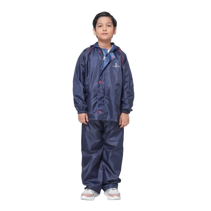 THE CLOWNFISH Duke Series Kids Waterproof Polyester Double Coating Reversible Raincoat with Hood and Reflector Logo at Back. Set of Top and Bottom. Printed Plastic Pouch. Kid Age-8-10 years (Blue)