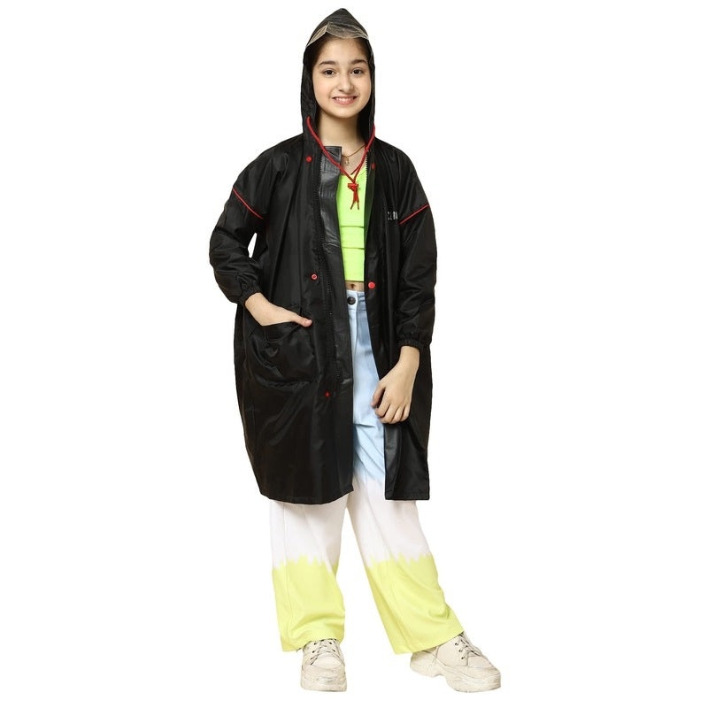 THE CLOWNFISH Men Oliver Series Kids Waterproof Polyester Double Coating Reversible Standard Length Longcoat With Hood And Reflector Logo At Back. Printed Plastic Pouch. Kid Age-10-11 Years (Black)