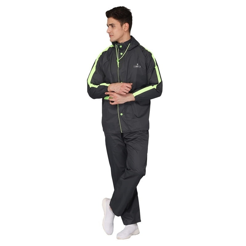 THE CLOWNFISH Richard Series Men's Waterproof Nylon Double Coating Reversible Raincoat with Hood and Reflector Logo at Back. Set of Top and Bottom. Printed Plastic Pouch with Rope (Grey, Large)