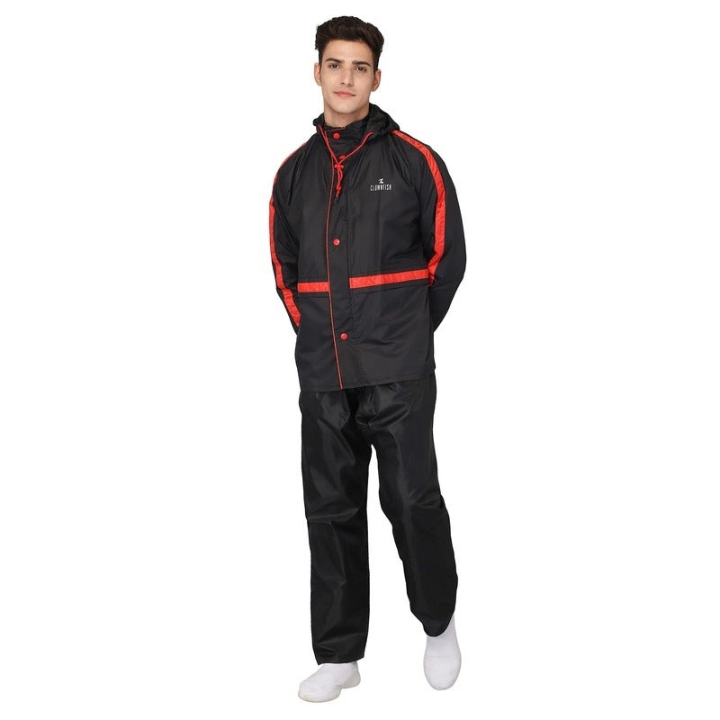 THE CLOWNFISH Richard Series Mens Waterproof Nylon Double Coating Reversible Raincoat with Hood and Reflector Logo at Back. Set of Top and Bottom. Printed Plastic Pouch with Rope (Black, XX-Large)