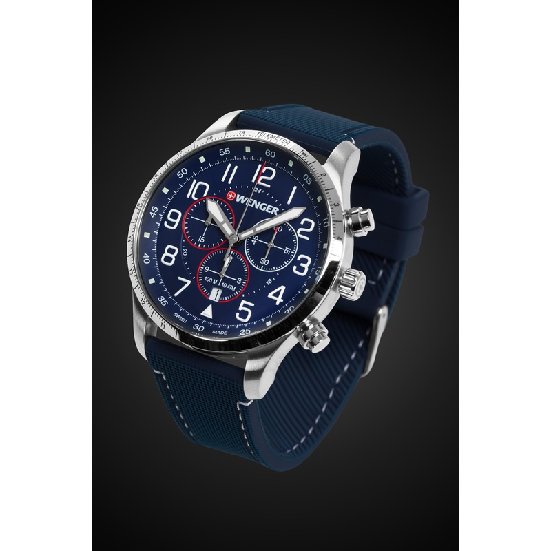 Wenger Attitude Chrono Swiss Watch in Stainless Steel with Blue Dial and Dark Blue Silicone Strap