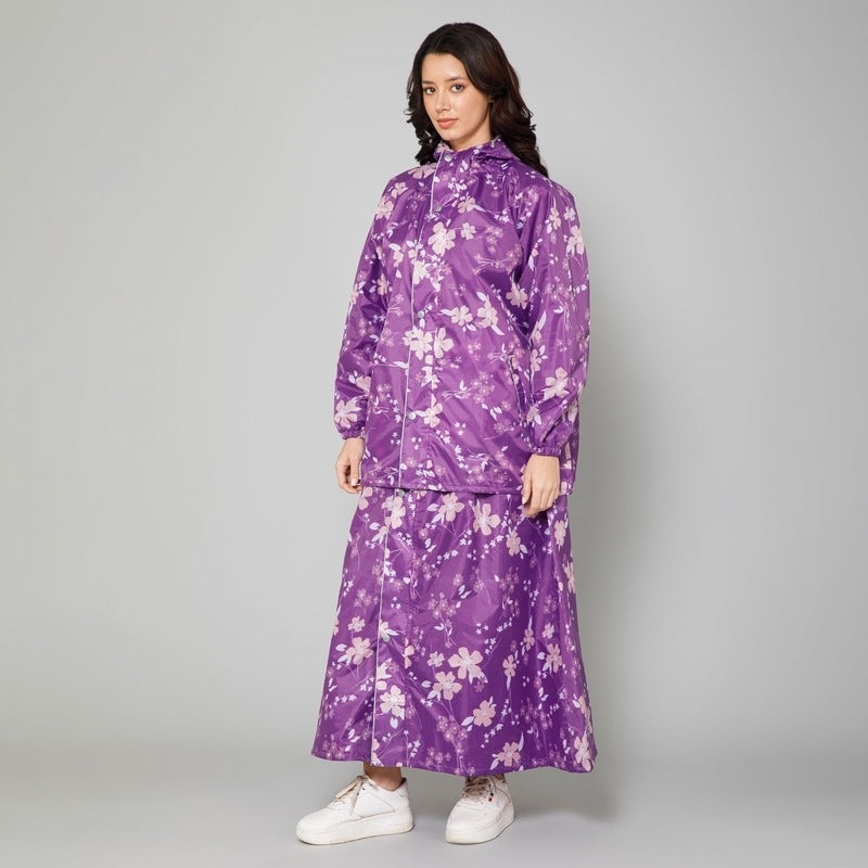 Women's Waterproof Rain Coat with Skirt & Top | Adjustable Hood | X-Large | Purple Floral
