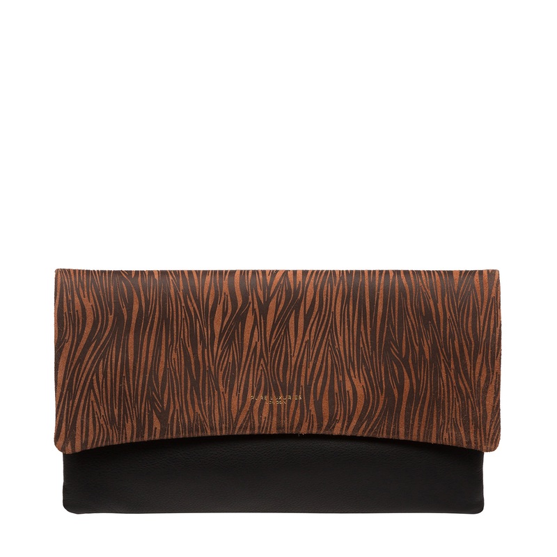 'Amelia' Black & Animal Print Nappa Leather Clutch Bag