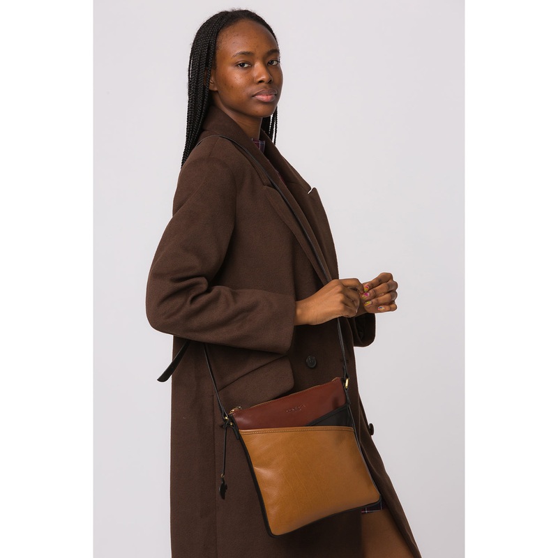 'Avril' Dark Tan, Black & Conker Brown Leather Cross Body Bag