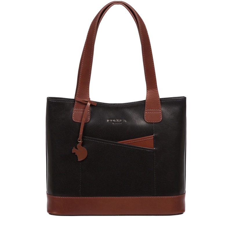 'Little Patience' Black & Conker Brown Leather Tote Bag