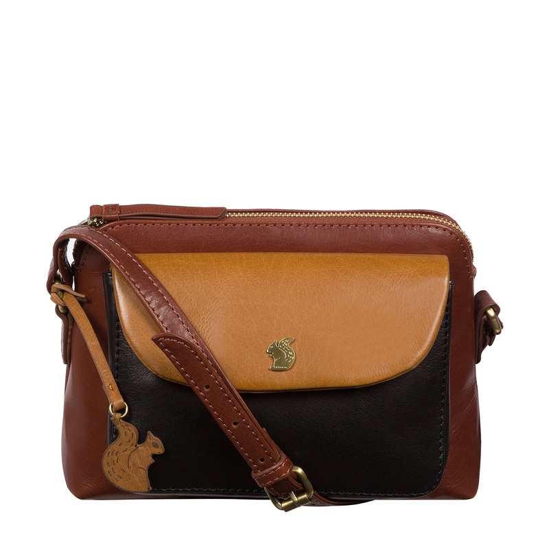 'Dainty' Conker Brown, Black & Dark Tan Leather Cross Body Bag