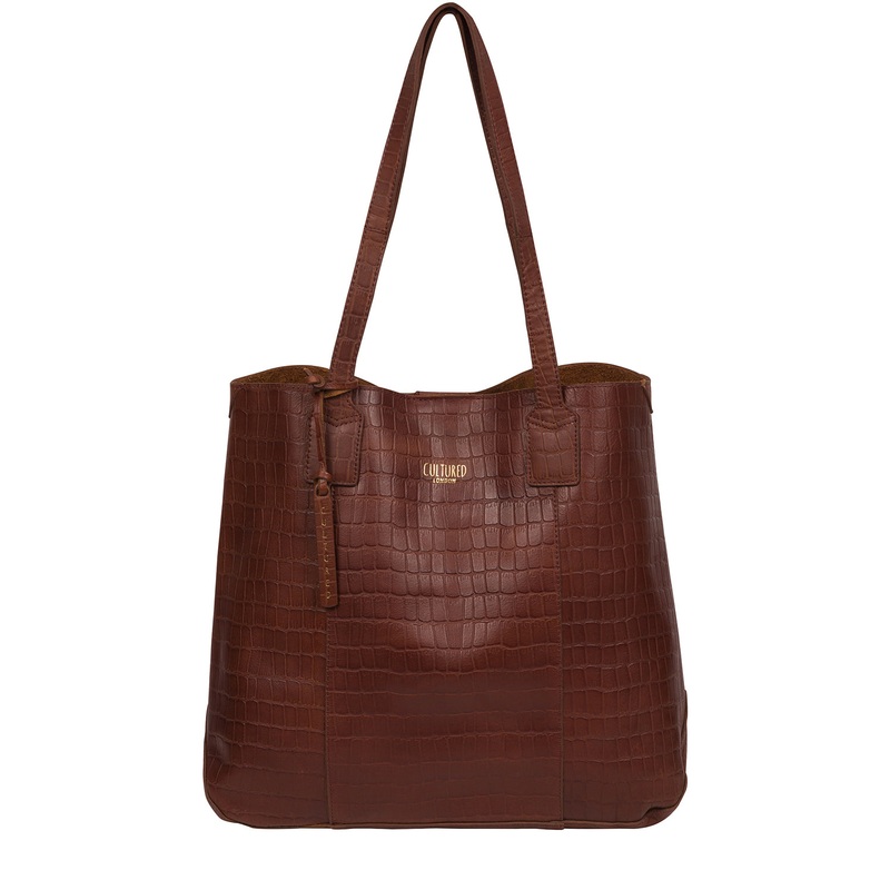 'Kingston' Chestnut Croc Leather Shopper Bag