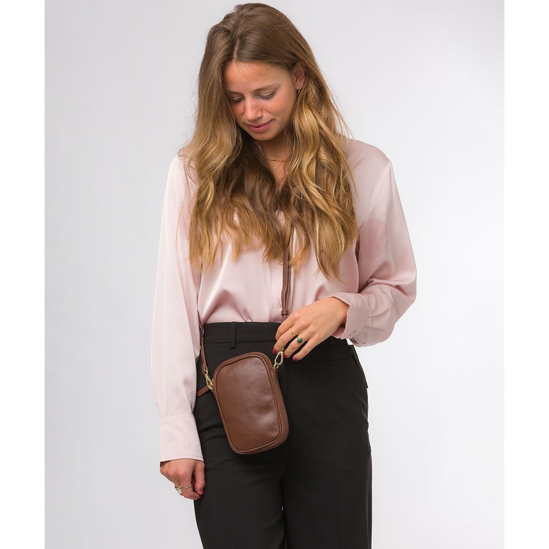 'Alaina' Dark Tan Nappa Leather Cross Body Phone Bag