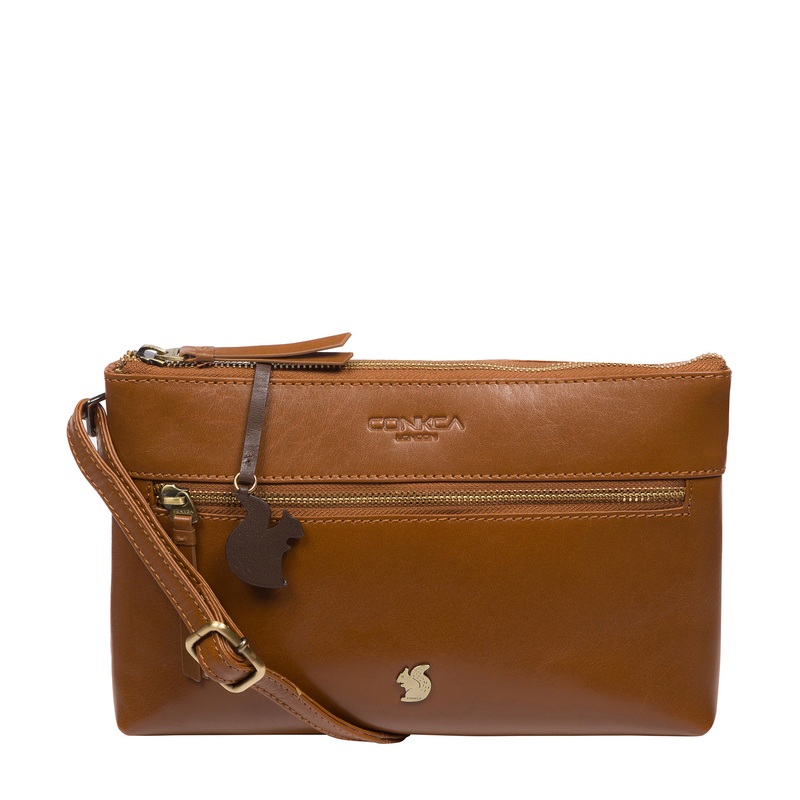 'Minnow' Dark Tan Leather Cross Body Clutch Bag