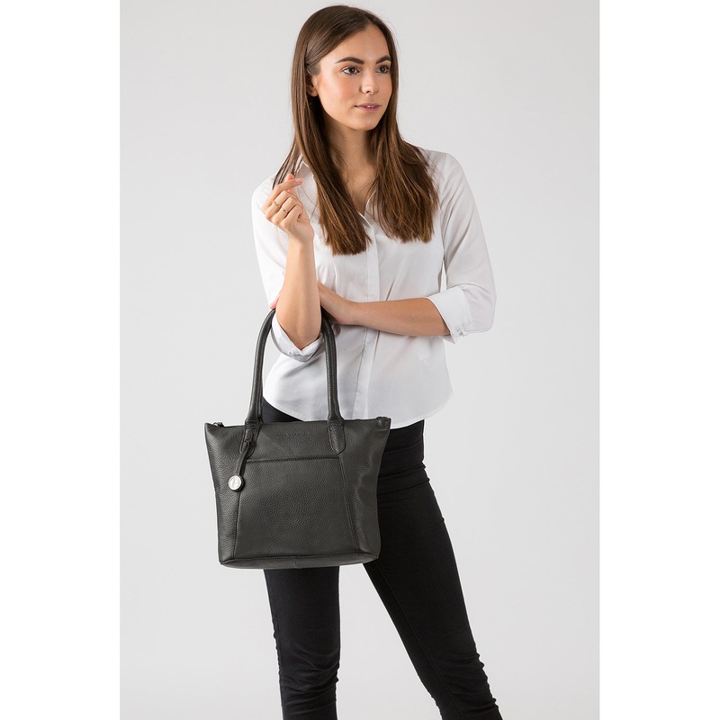 'Alnwick' Black & Platinum-Coloured Detail Small Leather Tote