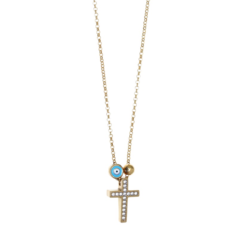Gregio Tiny Shiny Cross Necklace w/ Evil Eye & White Zirconia - Gold