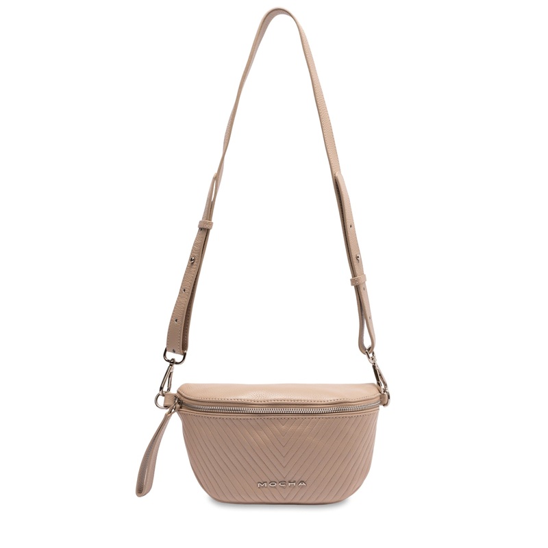 Mocha Chevron Leather Bum Bag- Beige