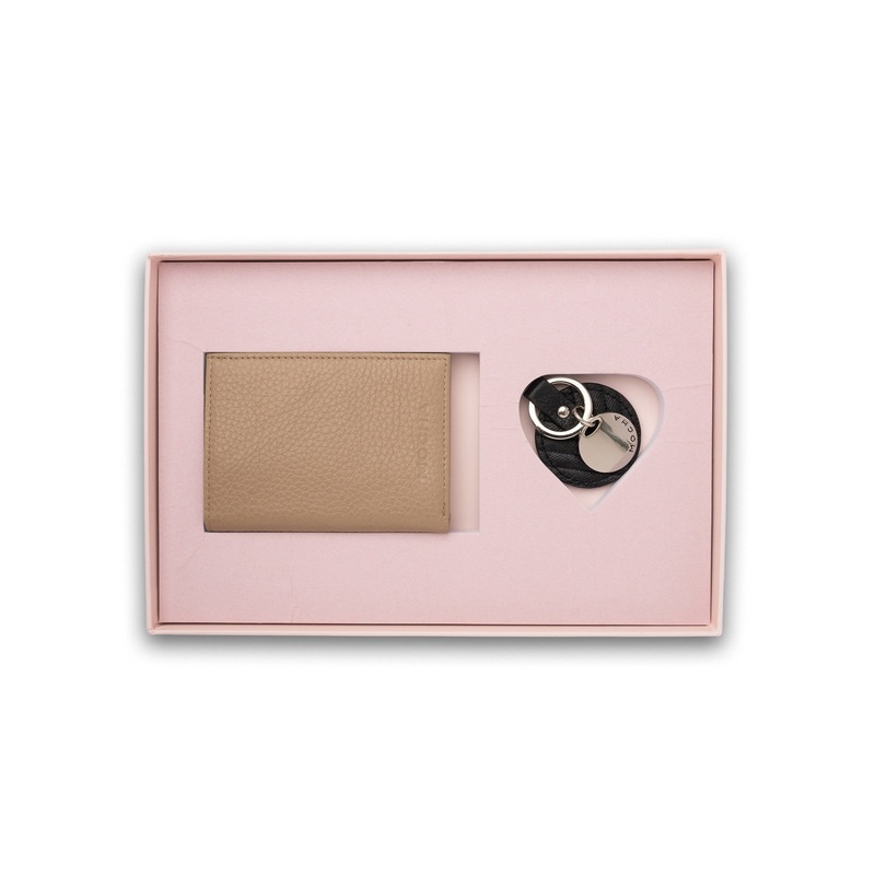 Mocha Gift Pack 6A - Mia Leather Wallet & Chevron Circle Key Ring - Light Taupe