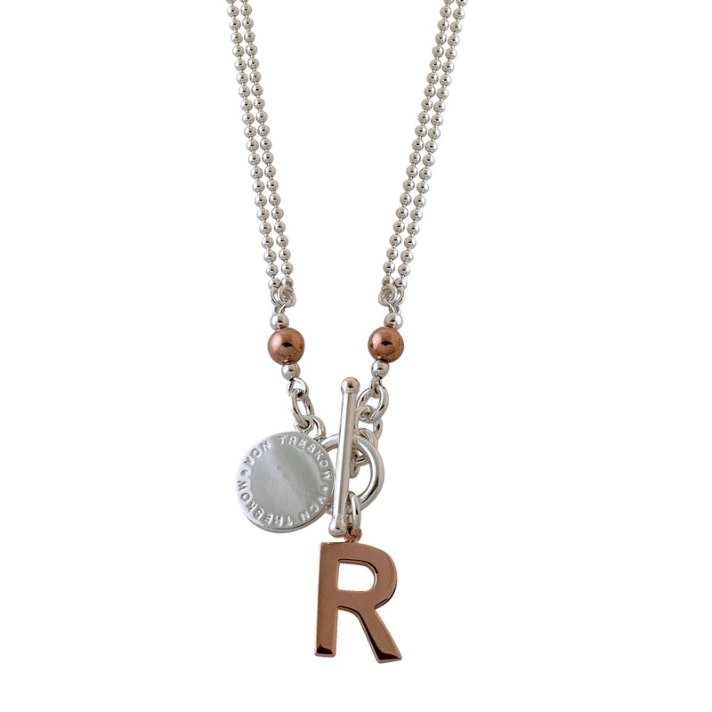 Von Treskow Double Fine Ballchain Necklace w/ VT Plate & Initial - Rose Gold