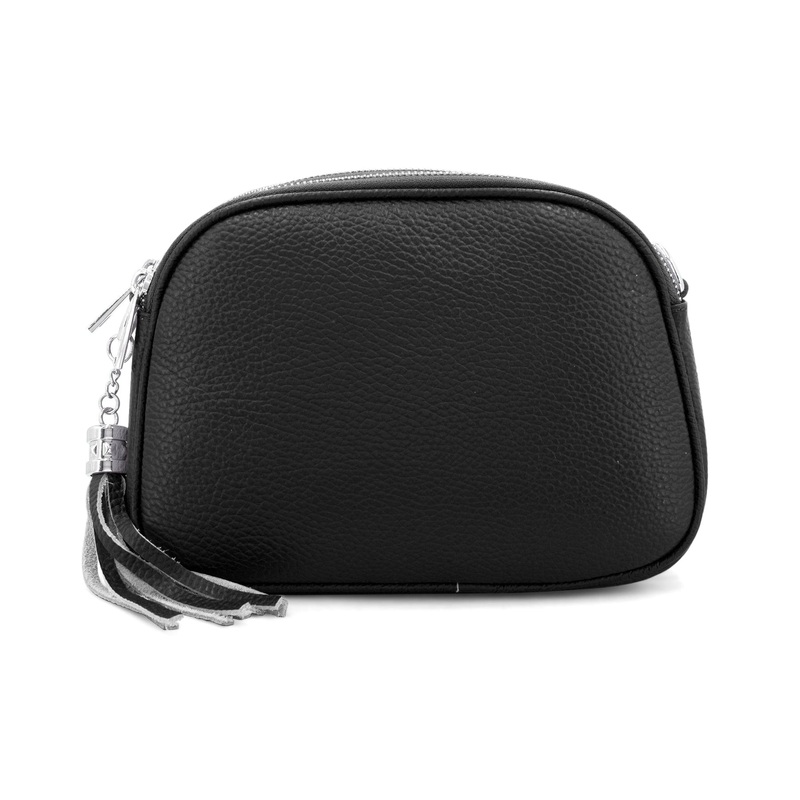 Black Genuine Italian Leather Crossbody Camera Bag / Handbag with Triple Zip