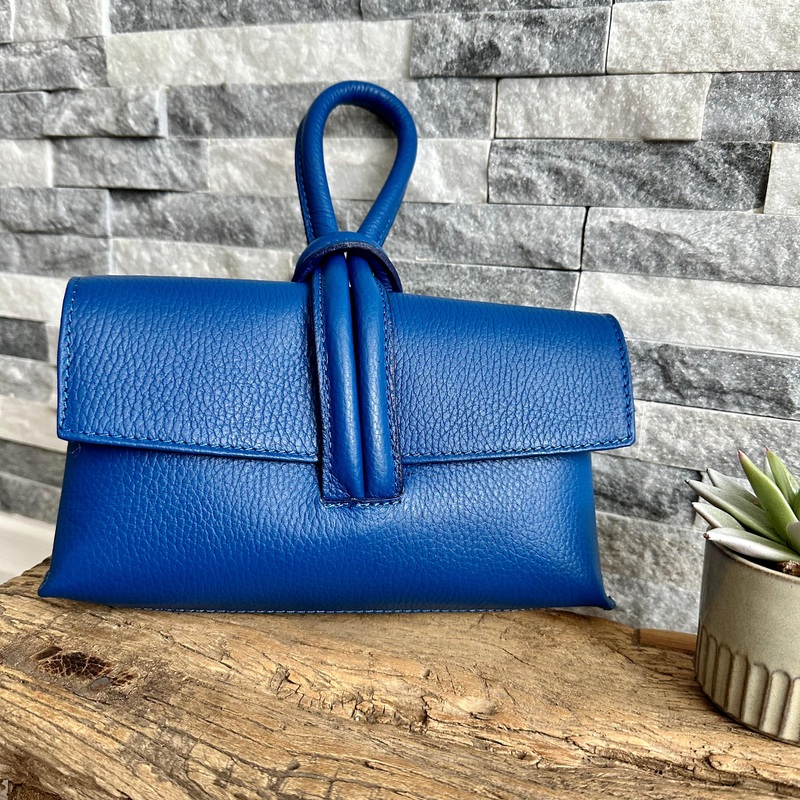 Cobalt Blue Italian Leather Clutch Bag , Evening Bag with Loop Handle