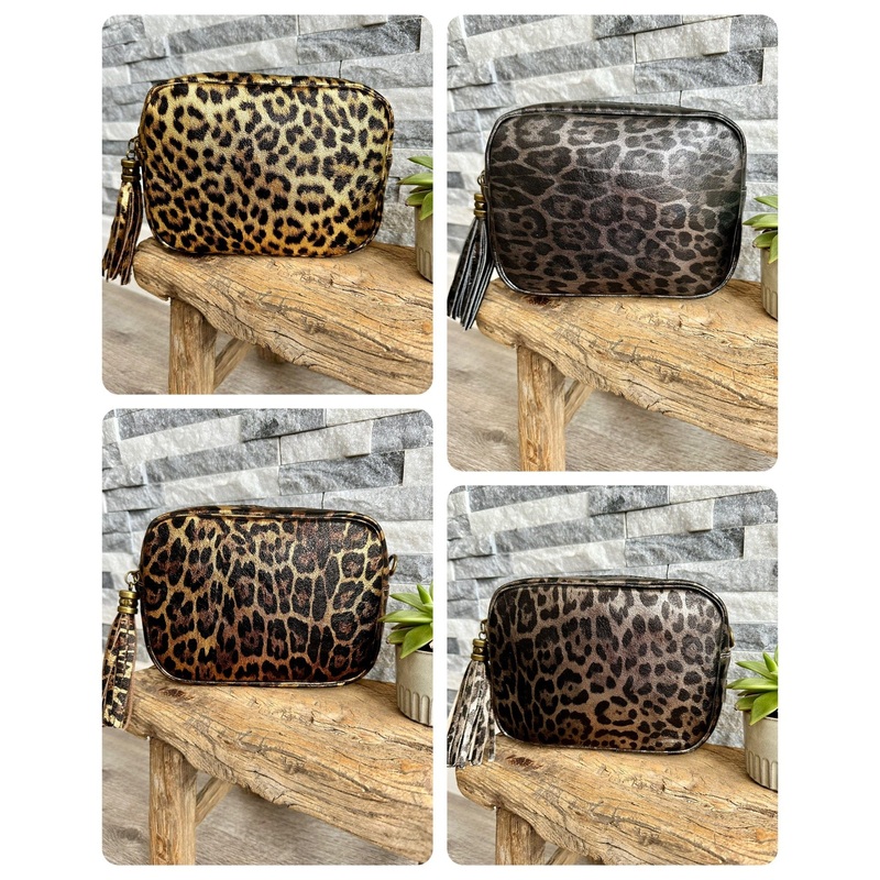 Genuine Italian Leather Animal Print Design Camera Bag , Crossbody.