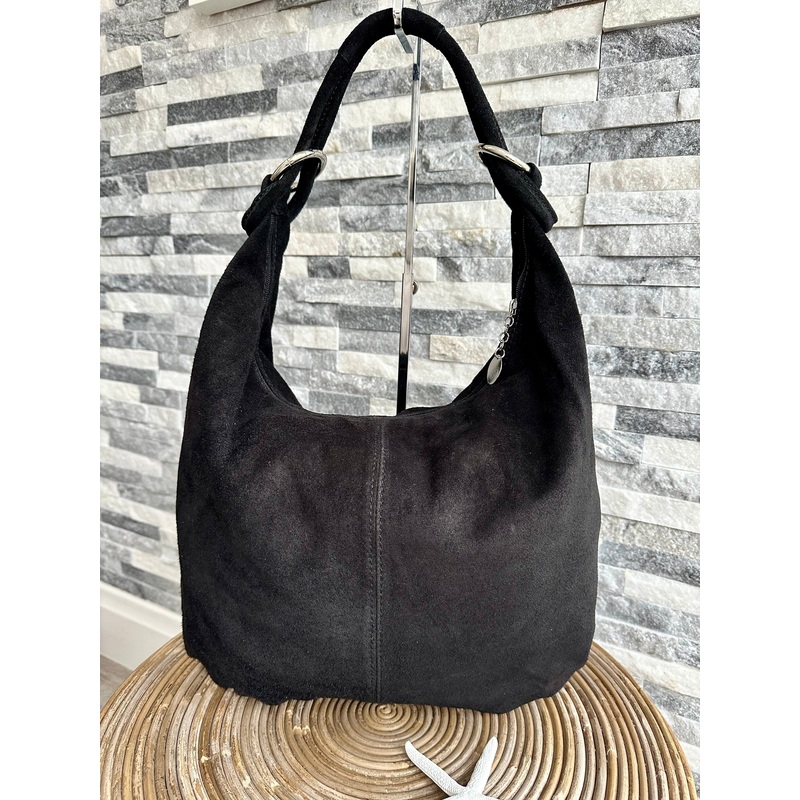 Genuine Suede Leather Slouchy Shoulder Bag. Black
