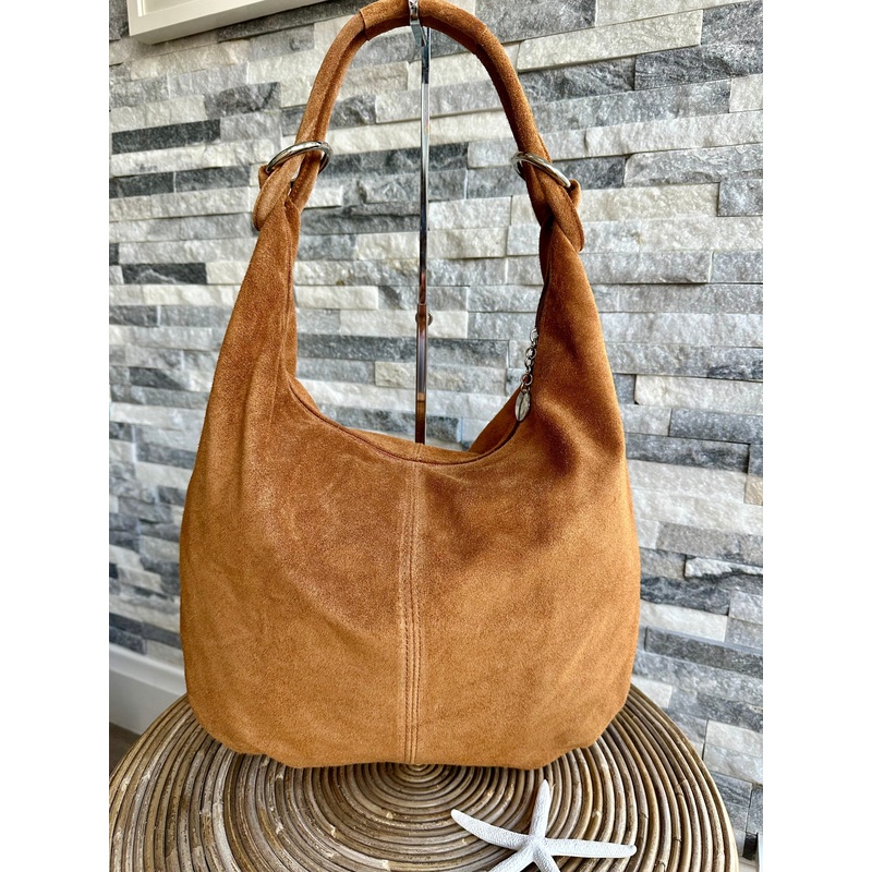 Genuine Suede Leather Slouchy Shoulder Bag. Tan Brown