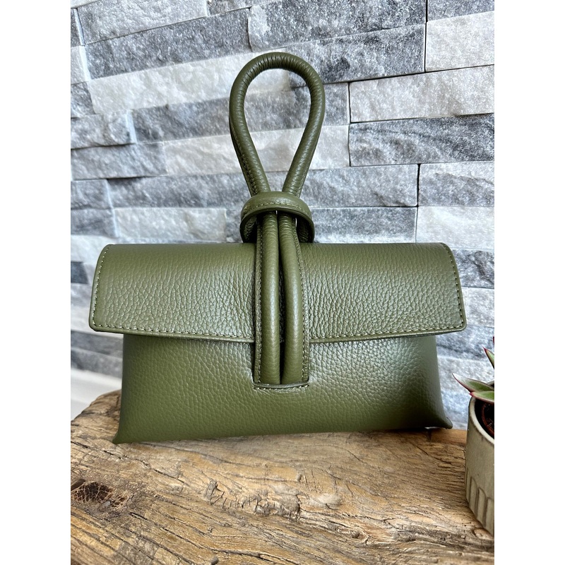 Khaki Green Italian Leather Clutch Bag , Evening Bag with Loop Handle