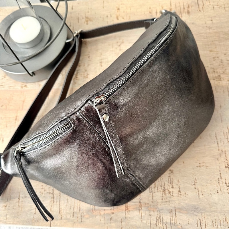 Metallic Dark Grey Italian Leather Sling Bag / Chest Bag