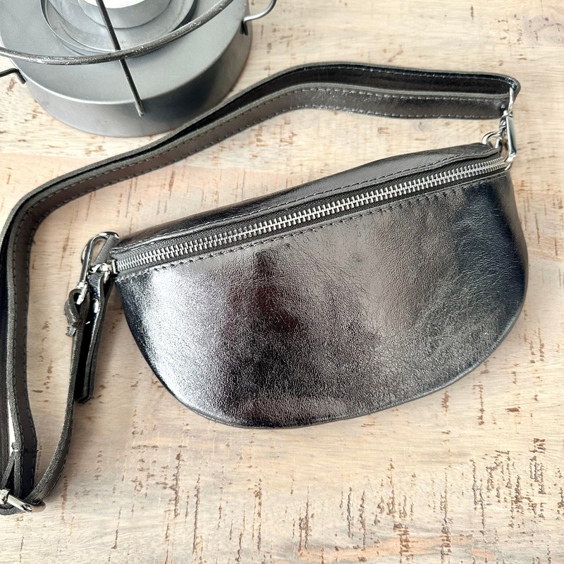 Metallic Gunmetal Grey Italian Leather Bum bag / Chest Bag