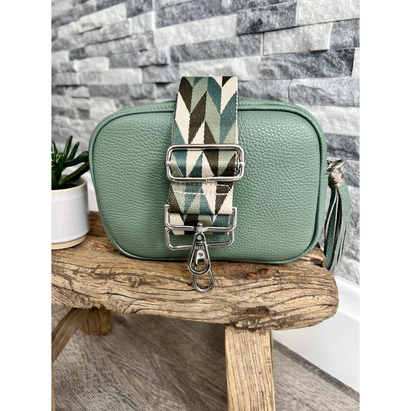 Sage Green Italian leather camera bag and strap combo