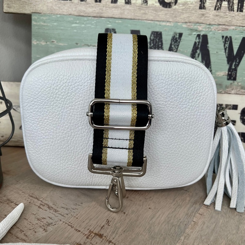 White Italian leather camera style bag with a wide woven strap