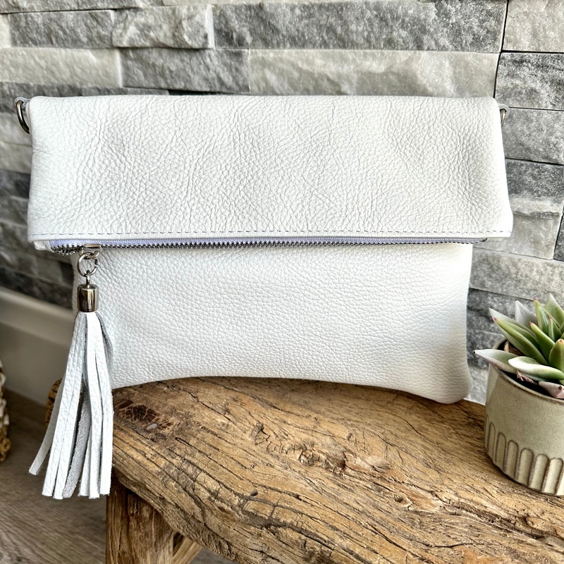 White Italian Leather Fold Over Clutch Bag