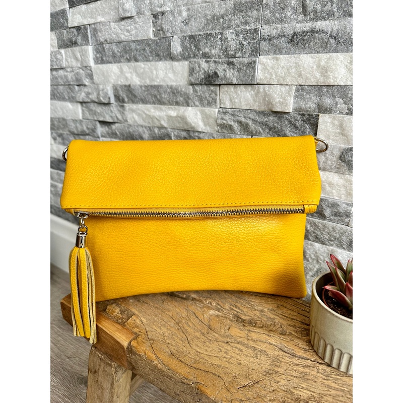 Yellow Fold Over Italian Leather Clutch Bag