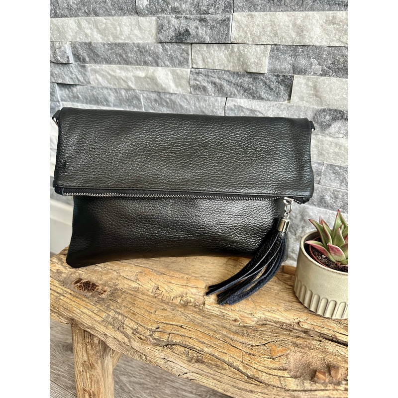 Black Fold Over Genuine Italian Leather Clutch Bag